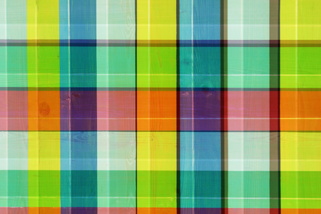 Art Wooden Background. Creative Colorful Wallpaper. Restored old wooden Texture. Wood Surface Fence Panel with boards painted Multicolored Paint, Close-up. Wide Horizontal Image with Copy Space,の写真素材