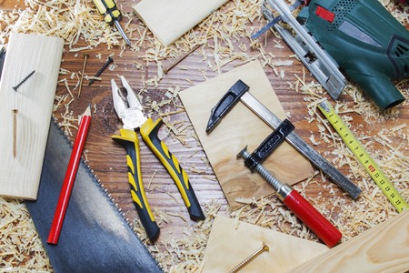 working tool carpenter ruler, chisel, pencil, sawdust and shavings.の写真素材