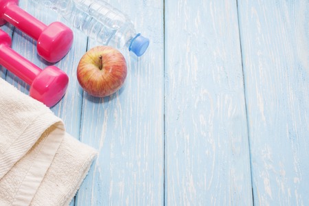 concept preparing to fitness sports equipment top viewの写真素材