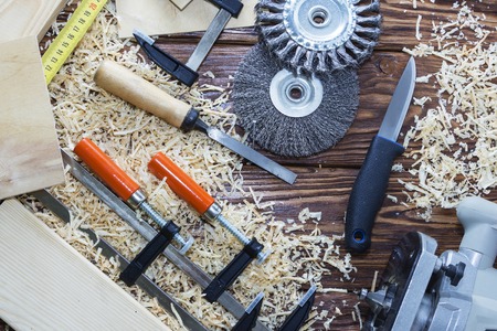 top view a set of different tools on the tree. Joineryの写真素材