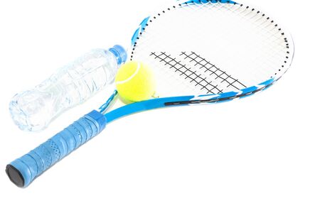 Tennis racket on white background. rocket, ball, water bottle