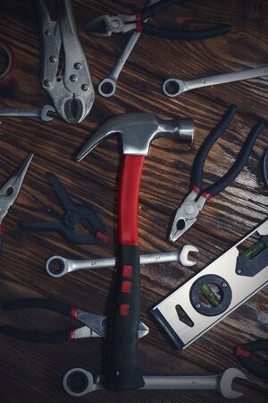 Close up tools on a wooden backgroundの写真素材