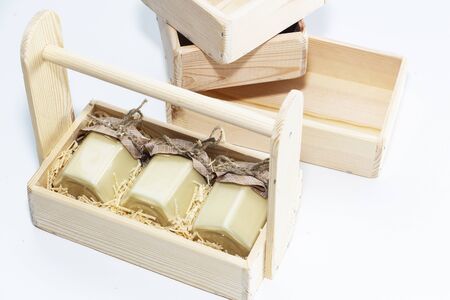 A jar of honey in a wooden box, a giftの写真素材