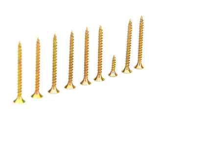 close-up of metal screws arranged according to one screw, shorter than the others, isolated in white.の写真素材