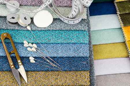 Stylish natural linen fabric and sewing accessories. The basis for sewing clothes. Flat layout,...