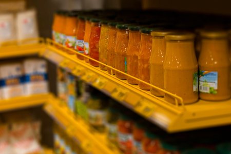 In the store, a yellow shelf displays jars of various food items for saleの写真素材