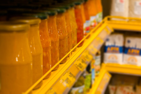 In the store, a yellow shelf displays jars of various food items for saleの写真素材