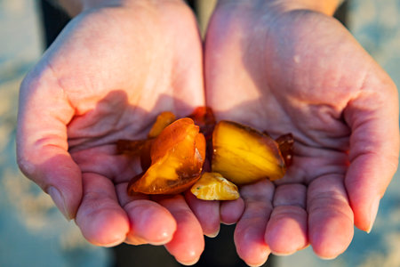 A person is gently holding a beautiful piece of amberの写真素材