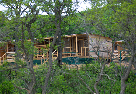 A few buildings made of wood among a lot of treesの写真素材