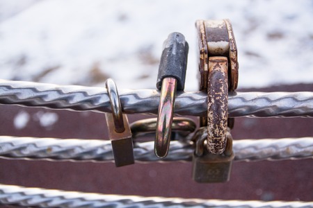Wedding lock on a handrail. Symbol of marriage.
