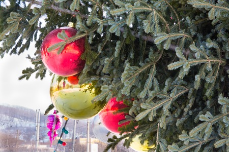 Big glass christmas toys and balls. Public Christmas tree.の写真素材