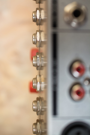 Input Sockets of the Audio Mixer. Close-Up View.の写真素材