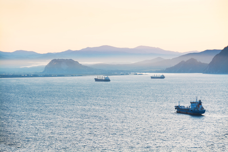 Sea cargo ships anchored in the harbor. Rocky coast. Morning.の写真素材