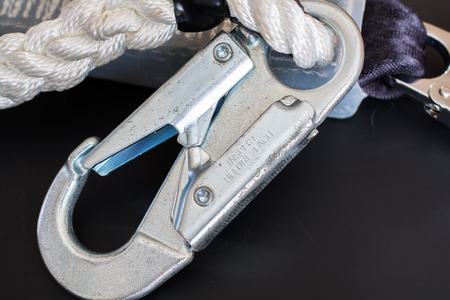 White nylon rope and carabine. Close up.の写真素材