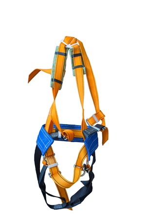 Equipment for work at heights. Sit harness on a white background.の写真素材