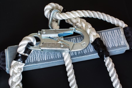 White nylon rope and carabine. Close up.の写真素材