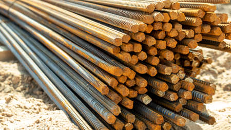 rusty bars of iron rebar on a construction site