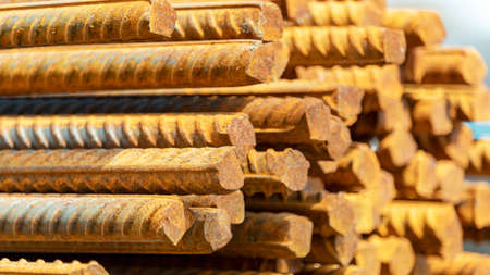 rusty bars of iron rebar on a construction siteの写真素材