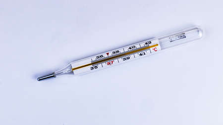 mercury thermometer with high temperature, on a white background