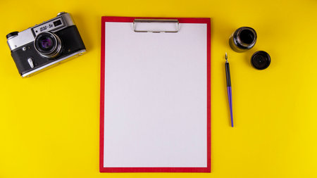 Soviet rangefinder camera FED-5, Produced by the Kharkov industrial machine-building association FED from 1975 to 1991, with a fountain pen and ink, mock upの写真素材