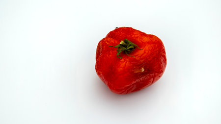 red rotten tomato on white background, isolated subjectの写真素材