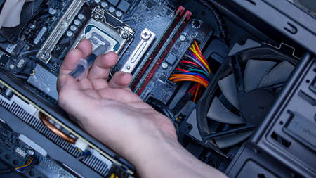girl programmer apply thermal paste on the computer processor, macro photographyの写真素材