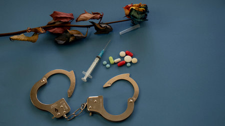withered rose with syringe pills and handcuffsの写真素材