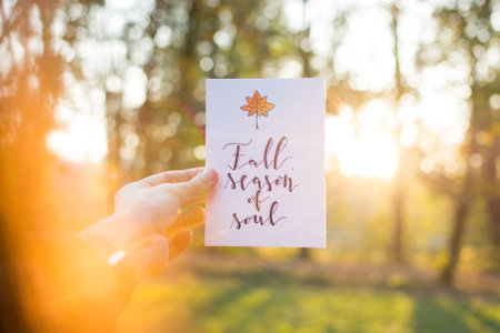 Girl holding an autumn card against the setting sun