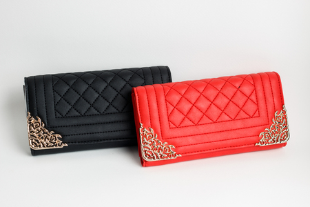 Colour leather wallet on white backgroundの写真素材