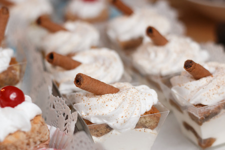 Chocolate rolls dessert with whipped cream shot in artificial light