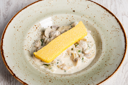Mushroom stew with polenta in a plateの写真素材