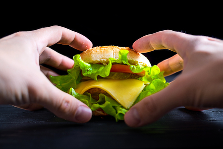 Hand holding a hamburger, fast food.の写真素材