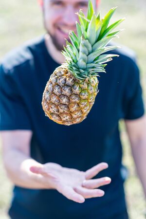 A man throws a pineapple. Ripe pineapple.の写真素材