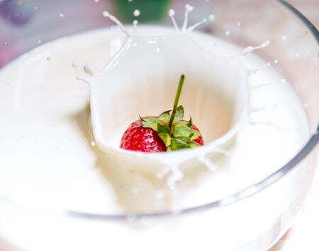 Strawberries in cream, closeup with dropsの写真素材