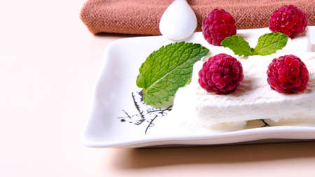 A plate of ice cream with raspberry jam on the tableの写真素材