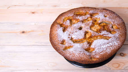 Charlotte, Apple pie on a wooden table, copy space, close-up, photos, Wallpaper