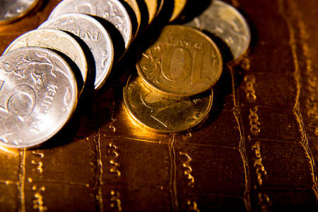 Coins on a silver background, close-up, macro, space for text, background, postcardの写真素材