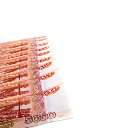 Banknotes, Russian banknotes, spread out on a white background, isolated, panoramic banner format,...