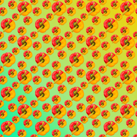 Bulgarian yellow and red pepper on a yellow-green gradient background, seamless pattern, wallpaper,...