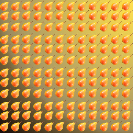 Yellow-red pears on yellow-black gradient background, seamless pattern, template, postcard,...