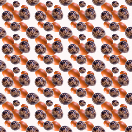 Brown chicken with quail eggs, laid out in a seamless pattern, on a white background, wallpaper, templateの写真素材