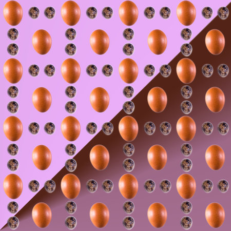 Brown chicken quail eggs, laid out in a seamless pattern, on a pink-brown gradient background, wallpaper, pattern, textureの写真素材