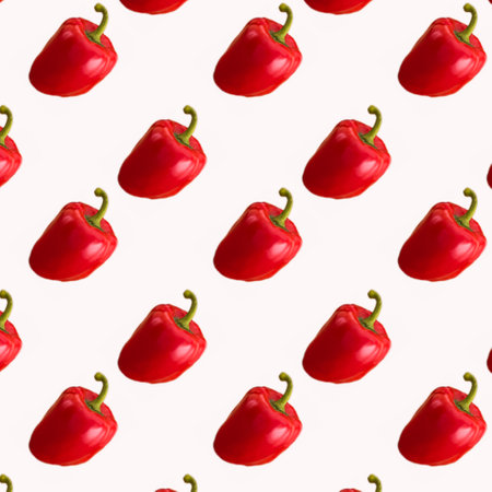 Bulgarian red pepper on white background, seamless pattern, wallpaper, top view, flat layout, isolated, templateの写真素材