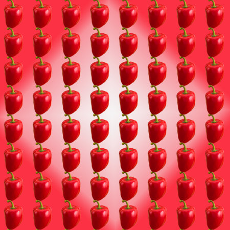 Bulgarian red pepper on red and white background, seamless pattern, wallpaper, top view, flat layout, isolated, templateの写真素材