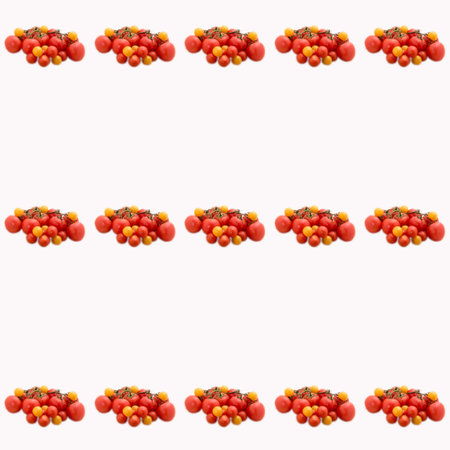 Tomatoes on a branch on a white background, seamless pattern, flat layout, template, advertising, banner, top viewの写真素材
