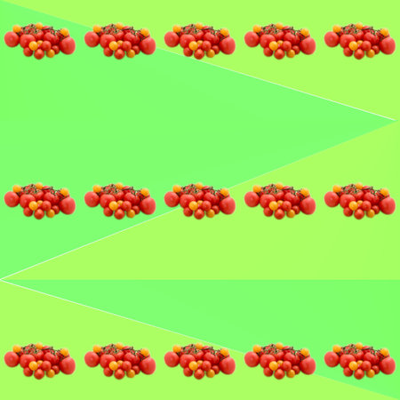 Tomatoes on a branch on a yellow-green gradient background, seamless pattern, flat layout, template, advertising, banner, top viewの写真素材