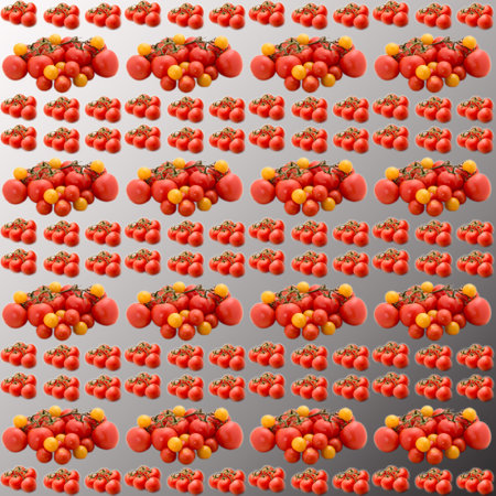 Tomatoes on a branch on a black and red gradient background, seamless pattern, flat layout, template, advertising, banner, top viewの写真素材