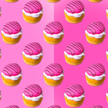Cupcakes with white and pink cream on a pink gradient background, flat layout, seamless pattern, wallpaper, banner, templateの写真素材