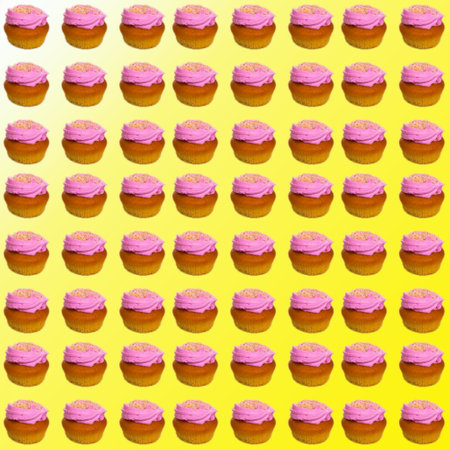 Cupcakes with white and pink cream on a yellow and white background, flat layout, seamless pattern, wallpaper, banner, templateの写真素材