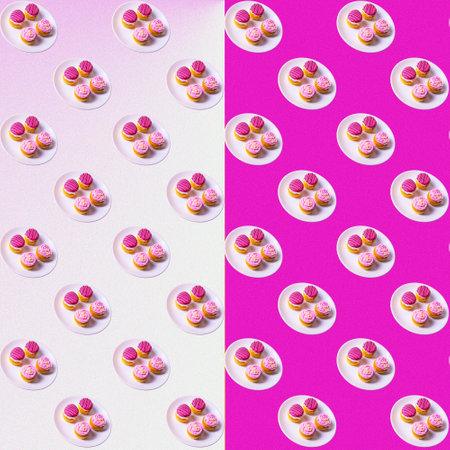 Cupcakes with white and pink cream on a white plate pink gradient background, flat layout, seamless pattern, wallpaper, banner, templateの写真素材
